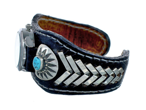 Navajo Turquoise Authentic Sterling Silver Leather Cuff Watch NN20302